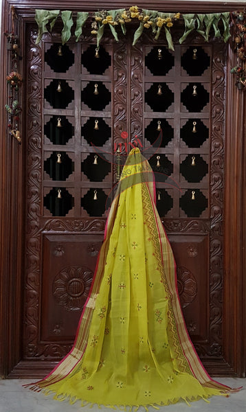Neon yellow with pink Kota Cotton Kasuti embroidered Duppata with Traditional geometric motifs.
