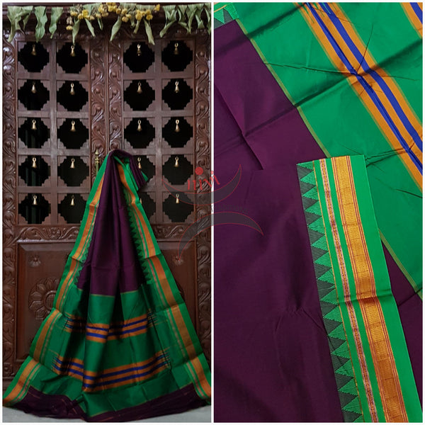 Purple Gadwal Silk Cotton saree with green temple border and traditional tope teni pallu. Saree comes with running blouse