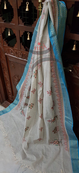 Off white with Blue chequared Kota Cotton Kasuti embroidered Duppata with Traditional Anne Ambari motifs.