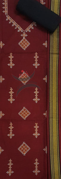 Maroon kasuti embroidered mangalgiri cotton top with zari border and plain contrasting black mangalgiri cotton salwar and dupatta