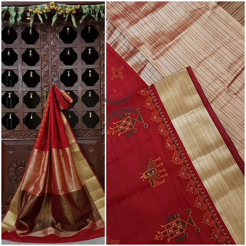 Red art silk cotton with traditional anne gopura motifs kasuti embroidered and tissue finish border and pallu