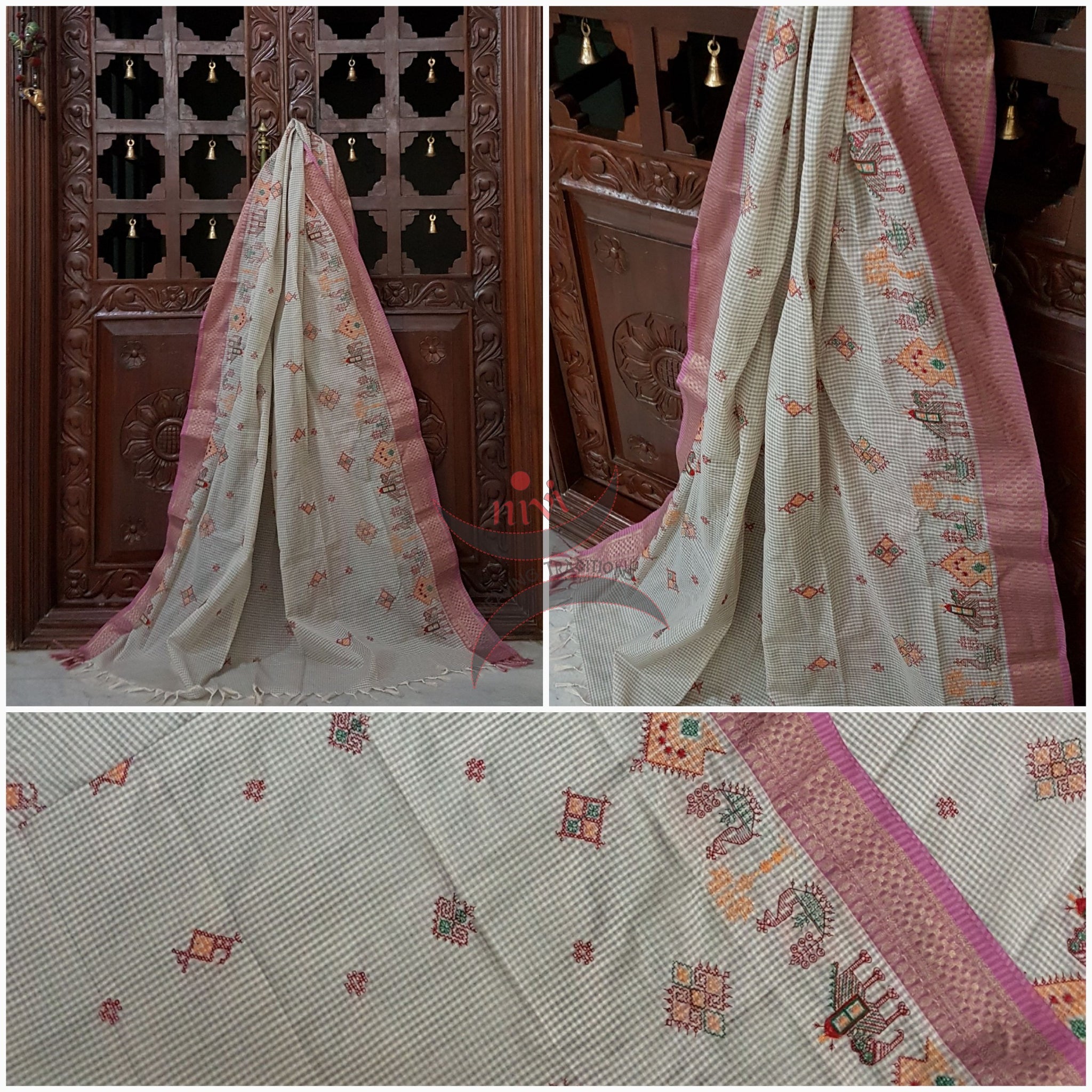 Off white with subtle grey chequered kota cotton with pink border and Kasuti embroidery with Traditional anne gopura peacock and lamp motifs.
