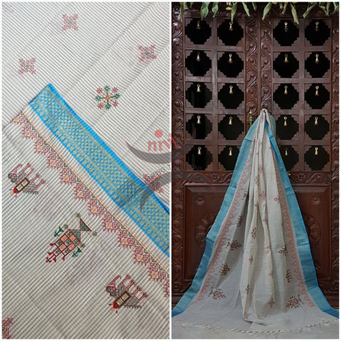 Off white with Blue chequared Kota Cotton Kasuti embroidered Duppata with Traditional Anne Ambari motifs.