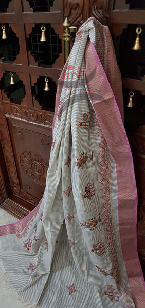 Off white with subtle grey chequered kota cotton with pink border and Kasuti embroidery with Traditional anne gopura motifs.