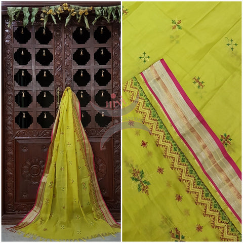 Neon yellow with pink Kota Cotton Kasuti embroidered Duppata with Traditional geometric motifs.