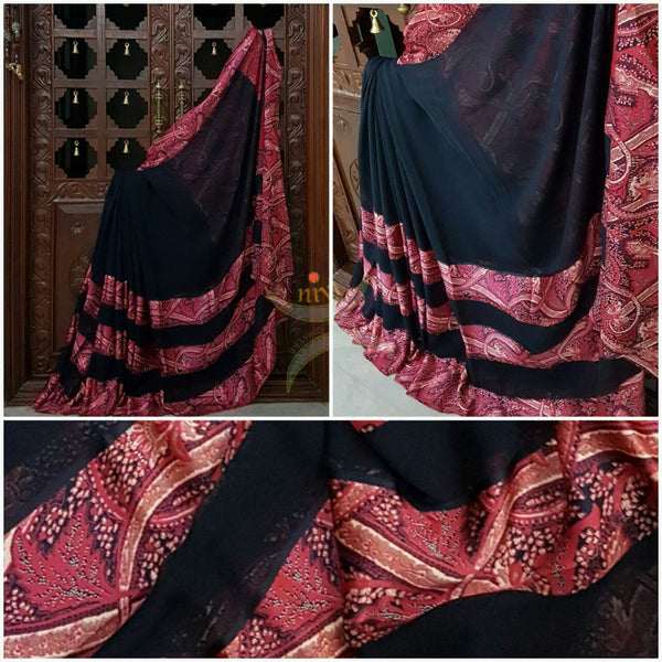 Black Printed Crepe Georgette with satin finish and floral print.