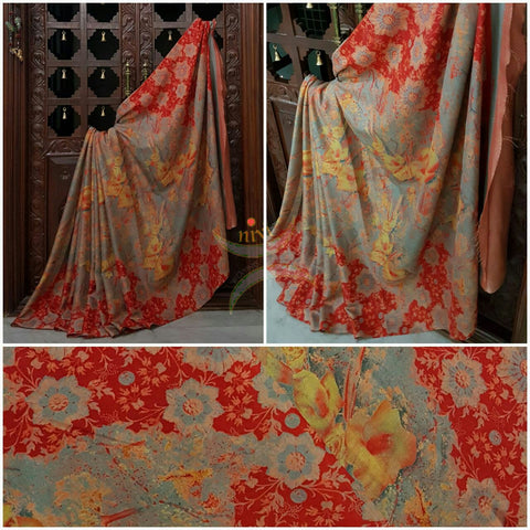 Grey with Red Printed Crepe with floral print.