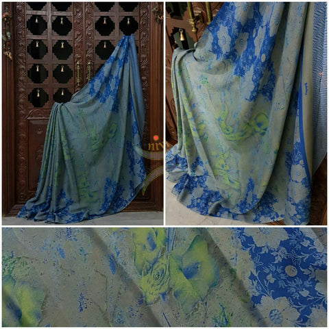 Grey with Blue Printed Crepe with floral print.