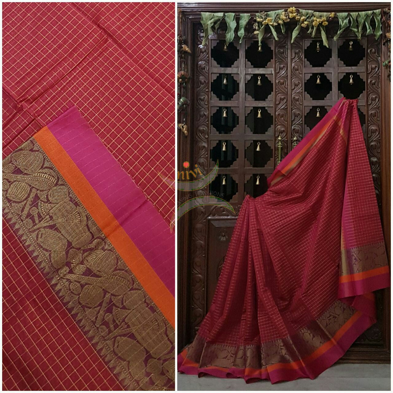 Bright Pink Silk Cotton chequered saree with satin finish contrasting pink orange border and woven musical instruments at border with antique gold zari.
