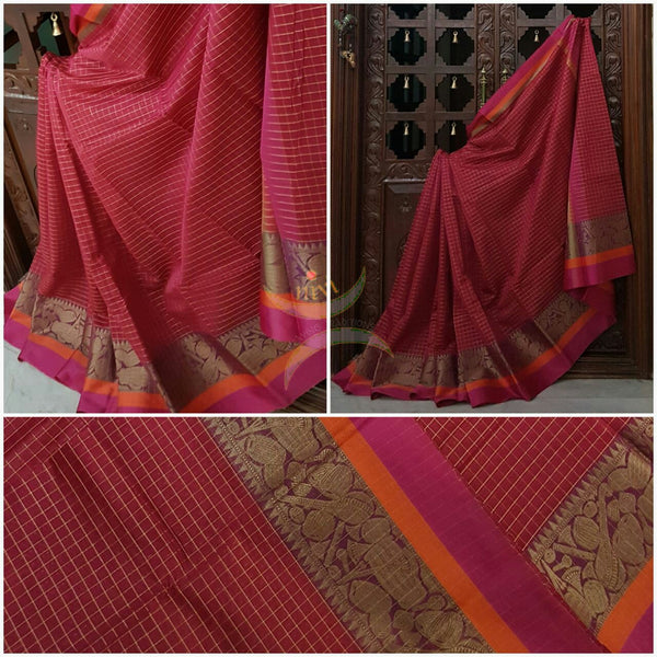 Bright Pink Silk Cotton chequered saree with satin finish contrasting pink orange border and woven musical instruments at border with antique gold zari.