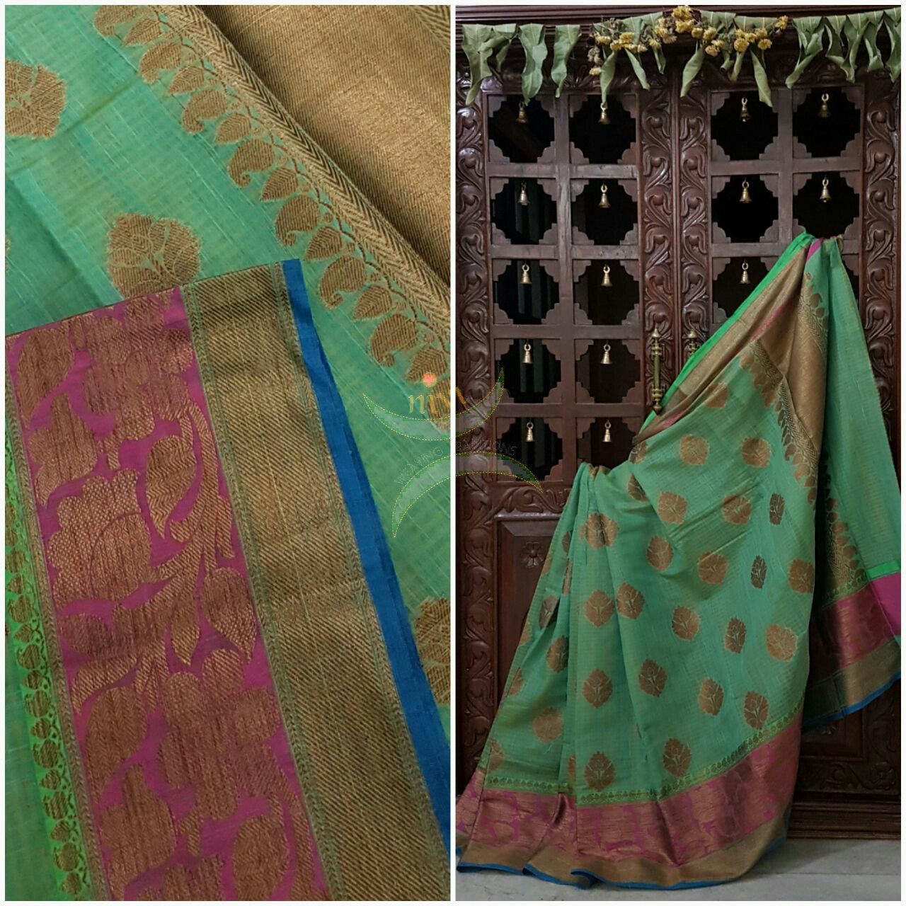 Sea Green Silk Cotton Benaras Brocade saree with antique zari weaving all over the saree.