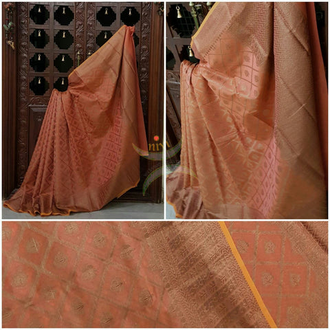Peach Silk Cotton Benaras Brocade saree with woven Brocade border and antique woven gold zari all over the saree.