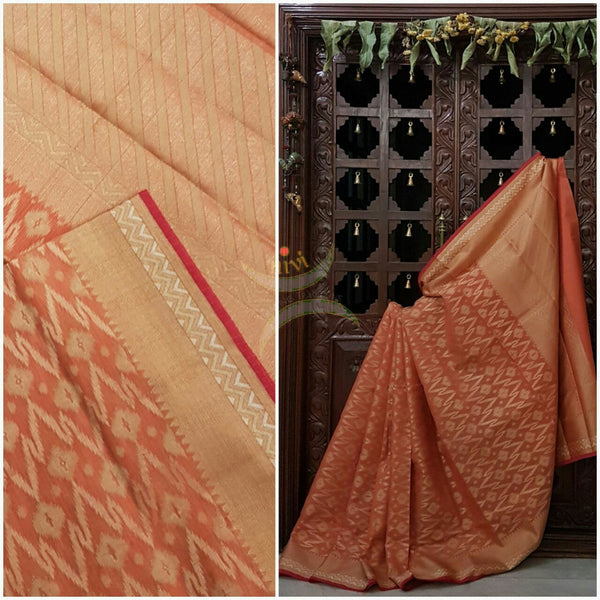 Peach Shot Orange Silk Cotton Benaras Brocade Supernet saree with woven Brocade tissue border and antique woven gold zari all over the saree.