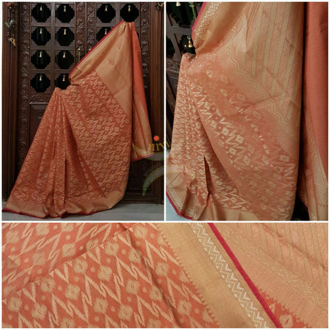 Peach Shot Orange Silk Cotton Benaras Brocade Supernet saree with woven Brocade tissue border and antique woven gold zari all over the saree.