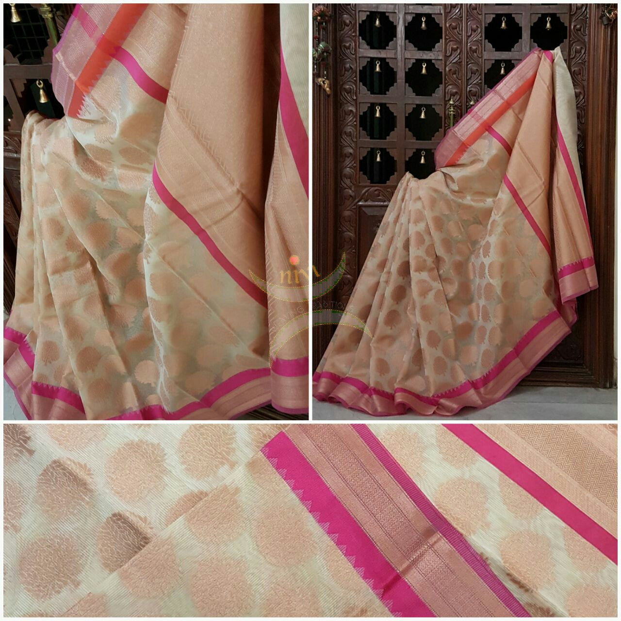 Cream shot Gold Silk Cotton Benaras Brocade Supernet saree with satin finish contrasting pink orange border and antique woven gold zari all over the saree.