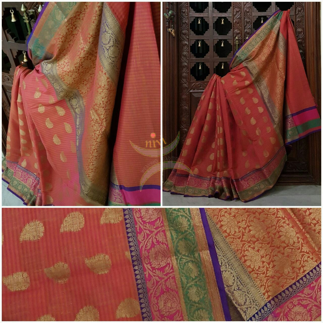 Strawberry Silk Cotton Benaras Brocade saree with antique zari weaving all over the saree.