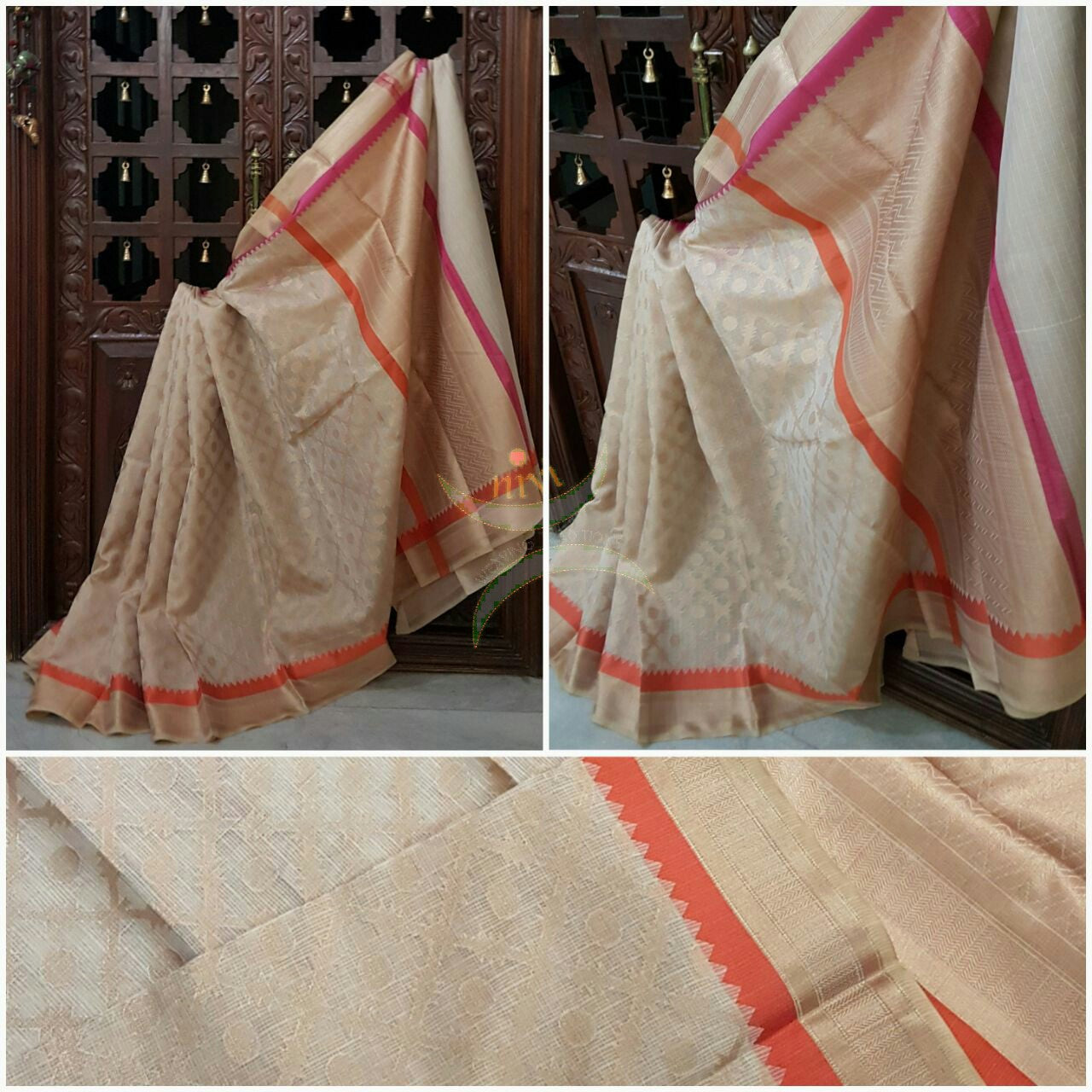 Cream shot Gold Silk Cotton Benaras Brocade saree with contrasting pink orange satin finish lines at border and pallu .Saree is woven with antique gold zari at border ,pallu and all over the saree.