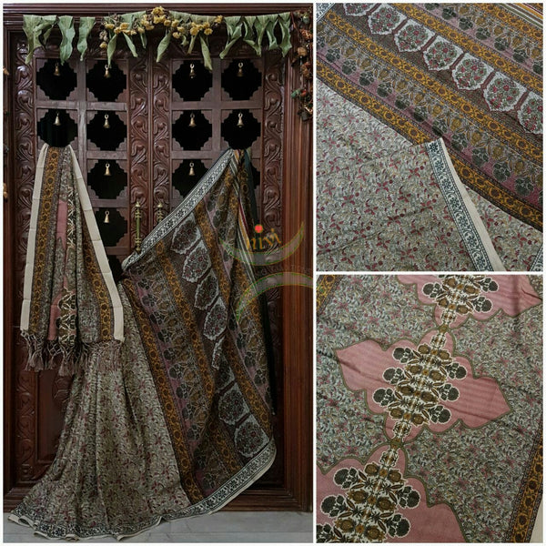 Beige Semi Pashmina Printed Saree with floral print.Saree comes with Stole and contrasting printed blouse.