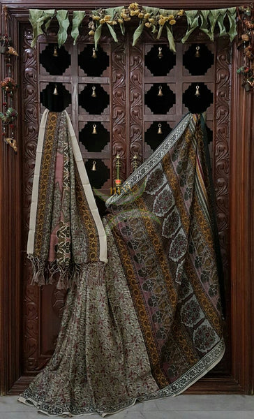 Beige Semi Pashmina Printed Saree with floral print.Saree comes with Stole and contrasting printed blouse.