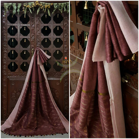 Brown Handloom 100s count Linen saree with contrasting pink border.