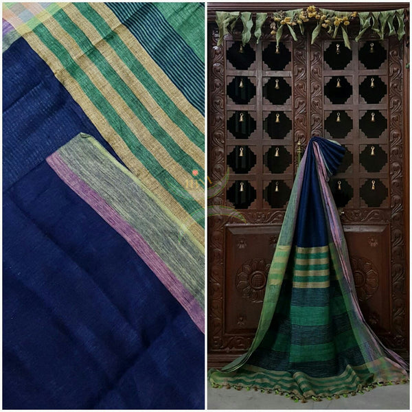 Royal blue Handloom 100s count Linen saree with contrasting Green border.