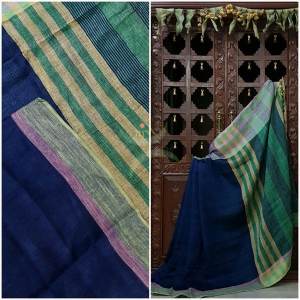Royal blue Handloom 100s count Linen saree with contrasting Green border.