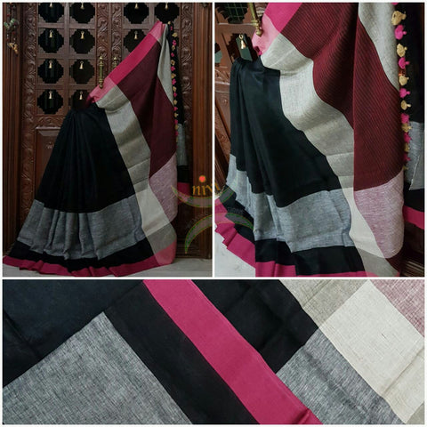 Black Handloom 100s count Linen saree with contrasting pink Grey border.