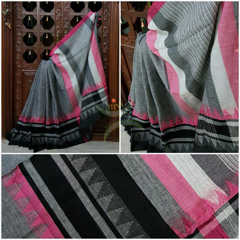 Grey Handloom 100s count Linen saree with contrasting pink black temple border.