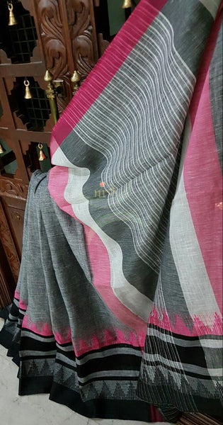 Grey Handloom 100s count Linen saree with contrasting pink black temple border.