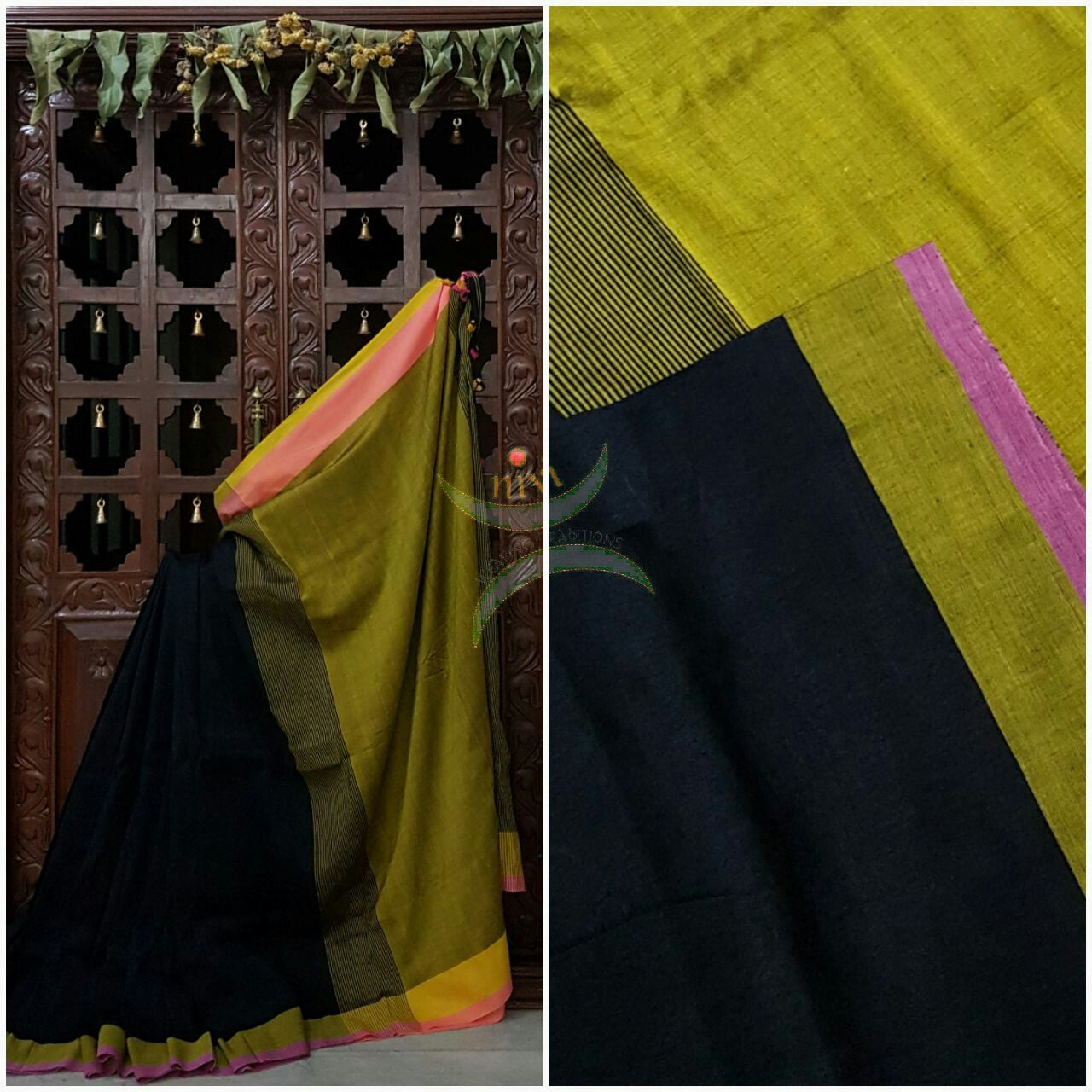 Black Handloom 80s count Linen saree with contrasting moss green pallu and border.