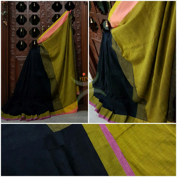 Black Handloom 80s count Linen saree with contrasting moss green pallu and border.