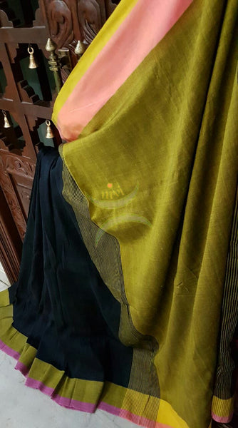 Black Handloom 80s count Linen saree with contrasting moss green pallu and border.