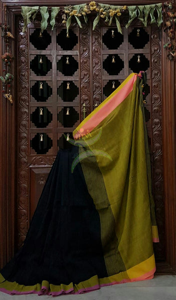 Black Handloom 80s count Linen saree with contrasting moss green pallu and border.