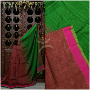 Brick red Handloom 80s count Linen saree with contrasting Green pallu and border.
