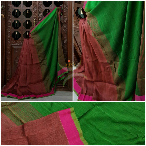 Brick red Handloom 80s count Linen saree with contrasting Green pallu and border.