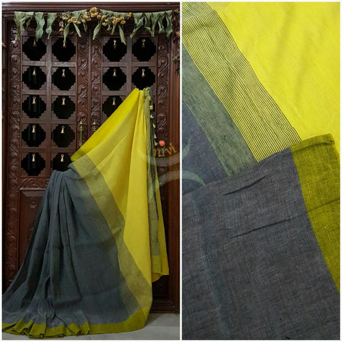 Grey Handloom 80s count Linen saree with contrasting yellow pallu and  border.