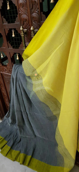 Grey Handloom 80s count Linen saree with contrasting yellow pallu and  border.