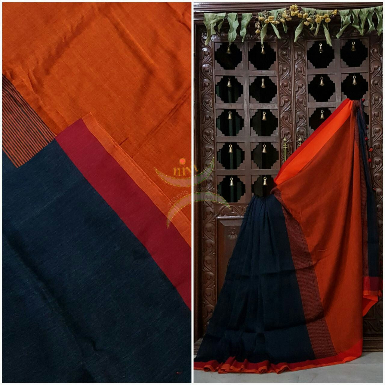 Dark Navy blue Handloom 80s count Linen saree with contrasting orange pallu and  border.