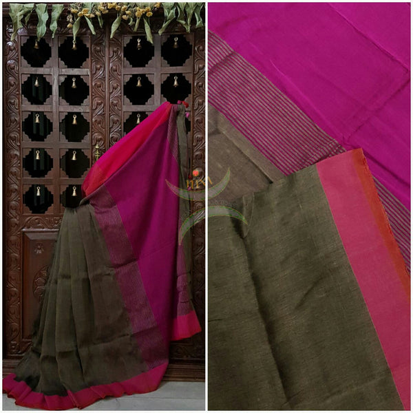 Olive Grey Handloom 80s count Linen saree with contrasting pink pallu and border.