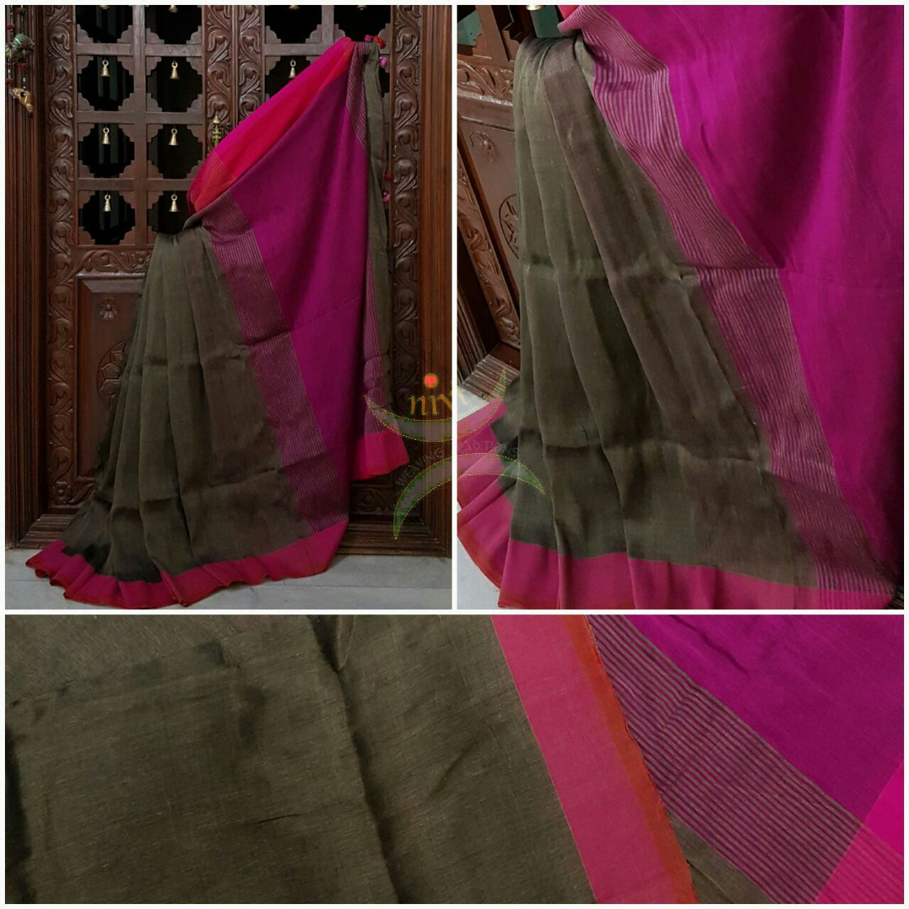 Olive Grey Handloom 80s count Linen saree with contrasting pink pallu and border.