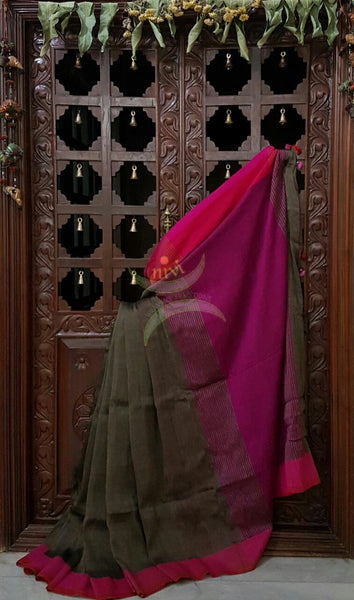 Olive Grey Handloom 80s count Linen saree with contrasting pink pallu and border.