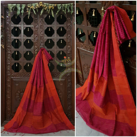 Pink Bengal Handloom cotton with self woven vertical lines all over the saree with Geecha pallu. Saree comes with orange contrasting pallu and blouse . 