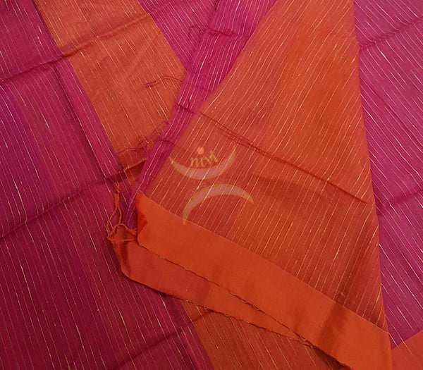 Pink Bengal Handloom cotton with self woven vertical lines all over the saree with Geecha pallu. Saree comes with orange contrasting pallu and blouse . 