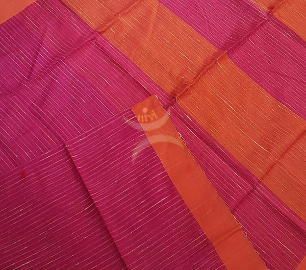 Pink Bengal Handloom cotton with self woven vertical lines all over the saree with Geecha pallu. Saree comes with orange contrasting pallu and blouse . 