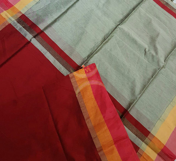 Maroon Handloom merserised soft cotton saree with contrast red orange border. saree comes with Grey pallu and Grey blouse.