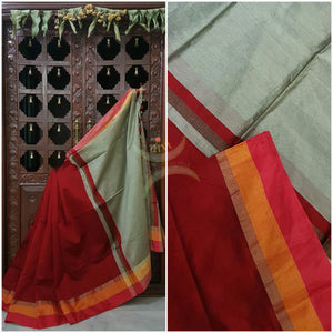 Maroon Handloom merserised soft cotton saree with contrast red orange border. saree comes with Grey pallu and Grey blouse.