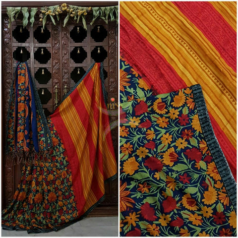 Royal blue Semi Pashmina Printed Saree with floral print.Saree comes with Stole and contrasting printed blouse.