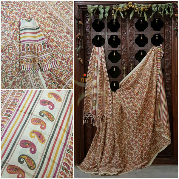 Off white Semi Pashmina Printed Saree with floral print.Saree comes with Stole and contrasting printed blouse.