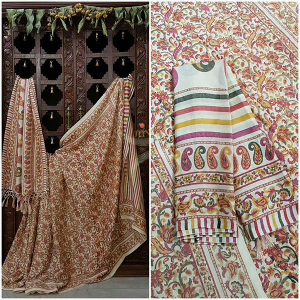 Off white Semi Pashmina Printed Saree with floral print.Saree comes with Stole and contrasting printed blouse.