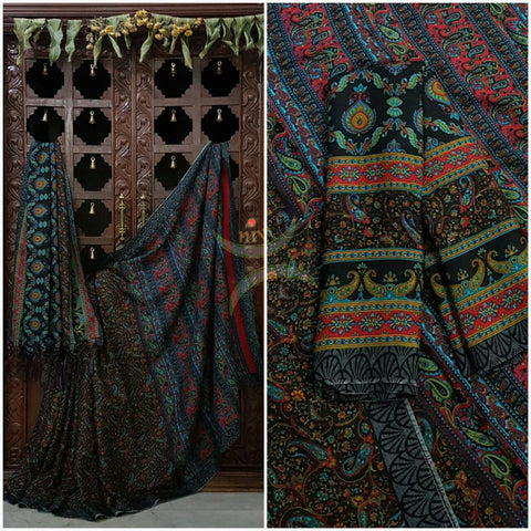 Black Semi Pashmina Printed Saree with paisley and floral print.Saree comes with Stole and contrasting printed blouse.